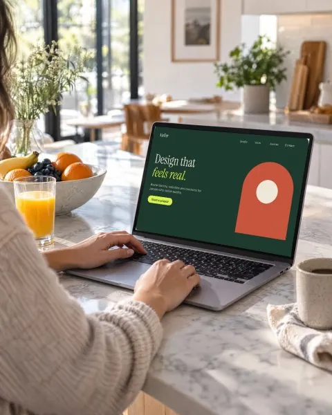 Laptop on a marble kitchen island mockup