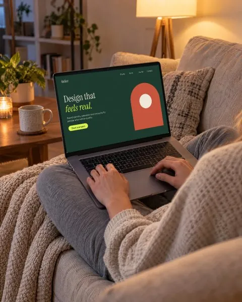 Laptop on the lap, evening sofa mockup