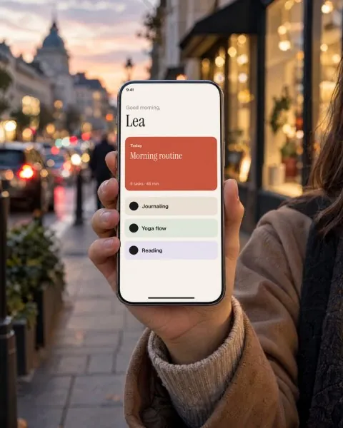Phone in hand on a street at dusk mockup