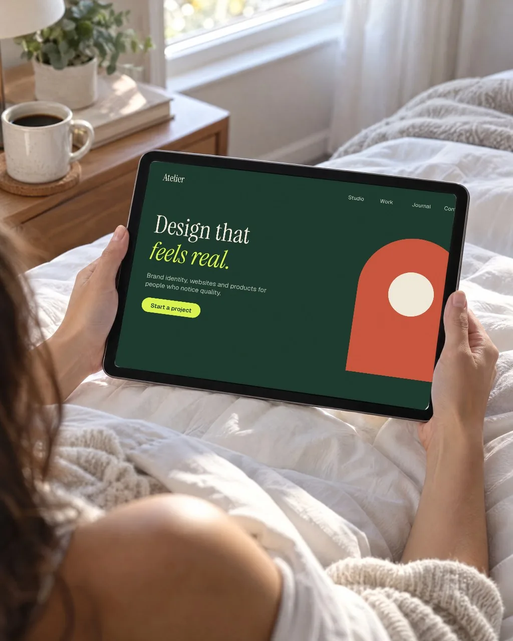 Tablet in bed, morning light mockup