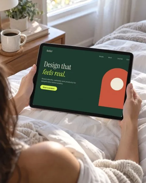 Tablet in bed, morning light mockup