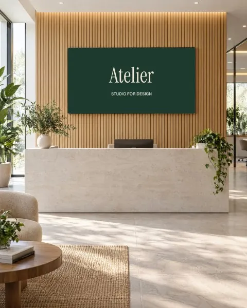 Sign panel behind a reception desk mockup