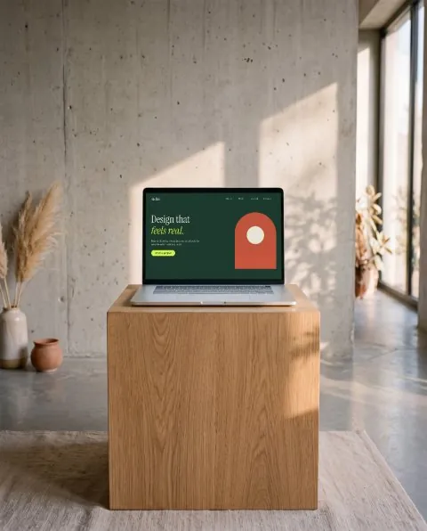 Laptop on an oak cube mockup