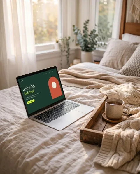 Laptop in bed, morning light mockup