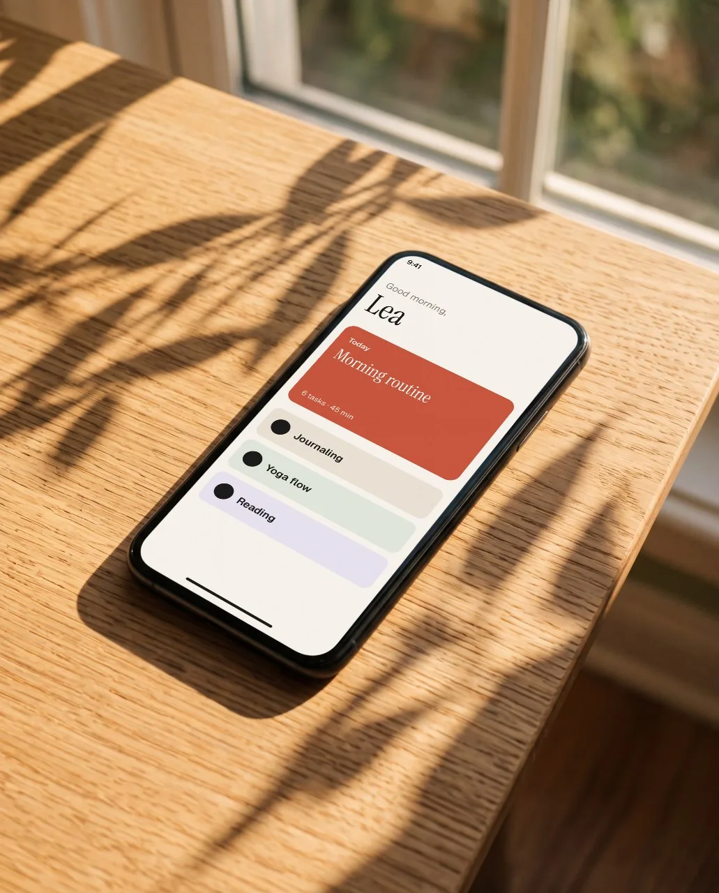 Phone on an oak desk mockup
