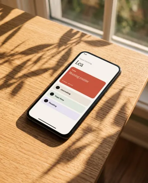 Phone on an oak desk mockup