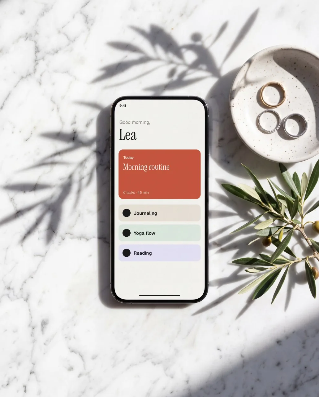 Phone on marble, midday sun mockup