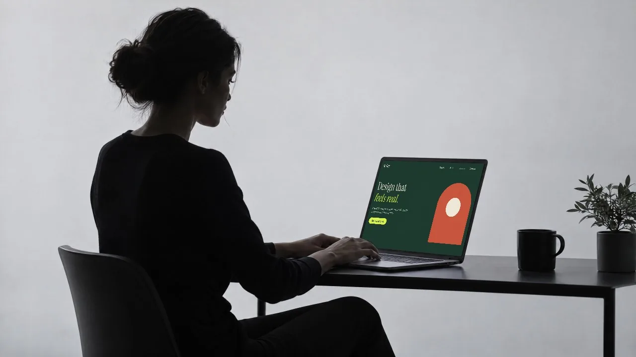 Laptop with silhouette, grey studio mockup