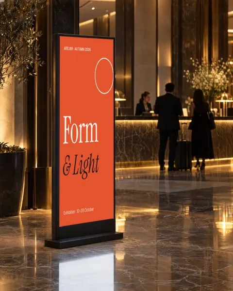 Display totem in a hotel lobby mockup