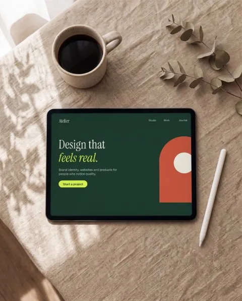 Tablet on linen, top-down mockup