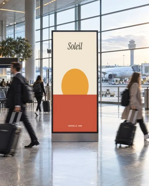 Vertical screen in an airport terminal mockup