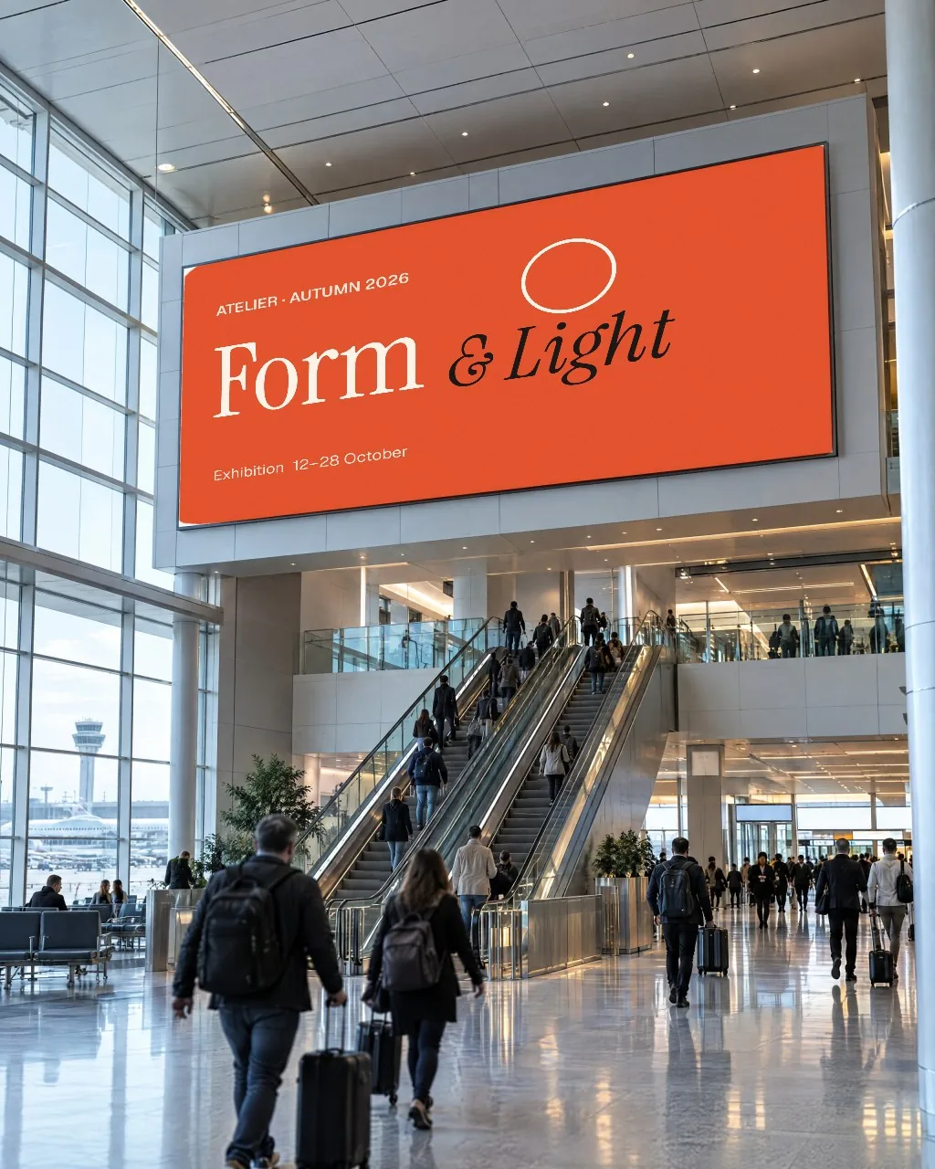 LED wall above airport escalators mockup