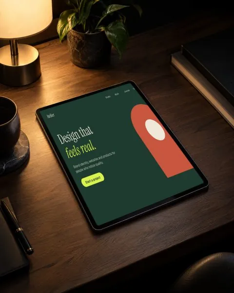 Tablet on a dark desk mockup