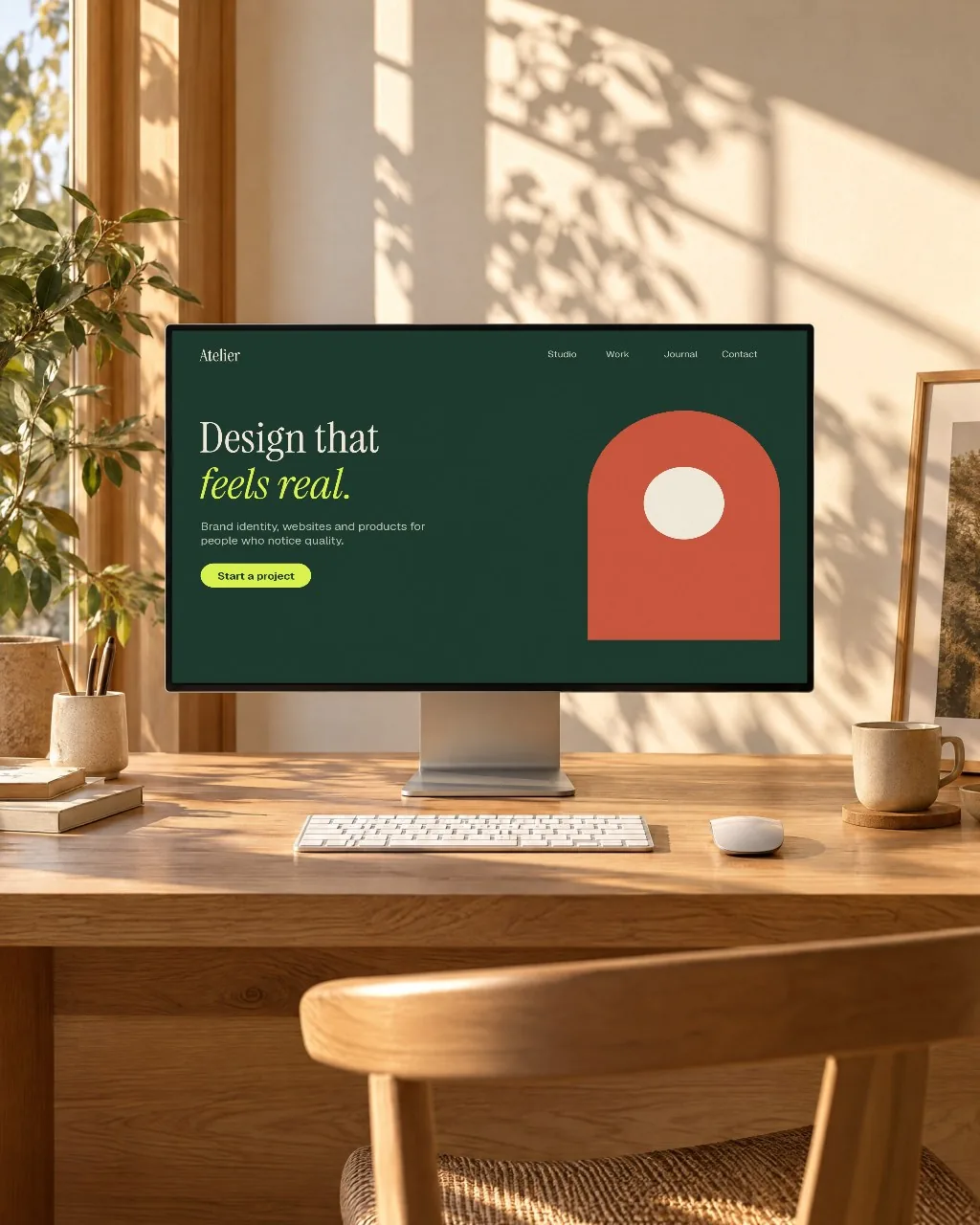 Monitor on an oak desk mockup