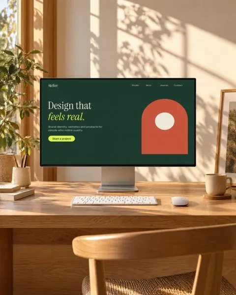 Monitor on an oak desk mockup