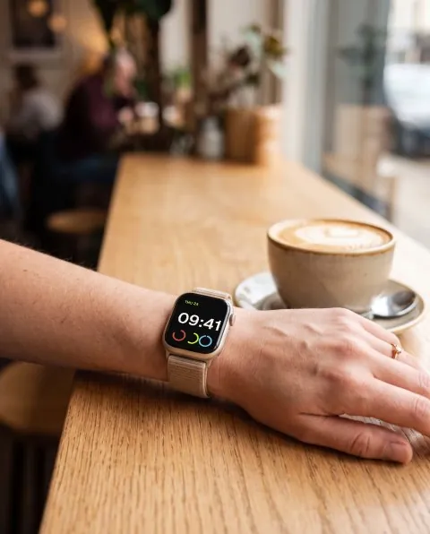 Smartwatch on wrist, café mockup